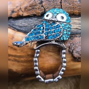 Blingy Blue Bird Ring Adjustable Stretch Silver Tone Crystals in Blues